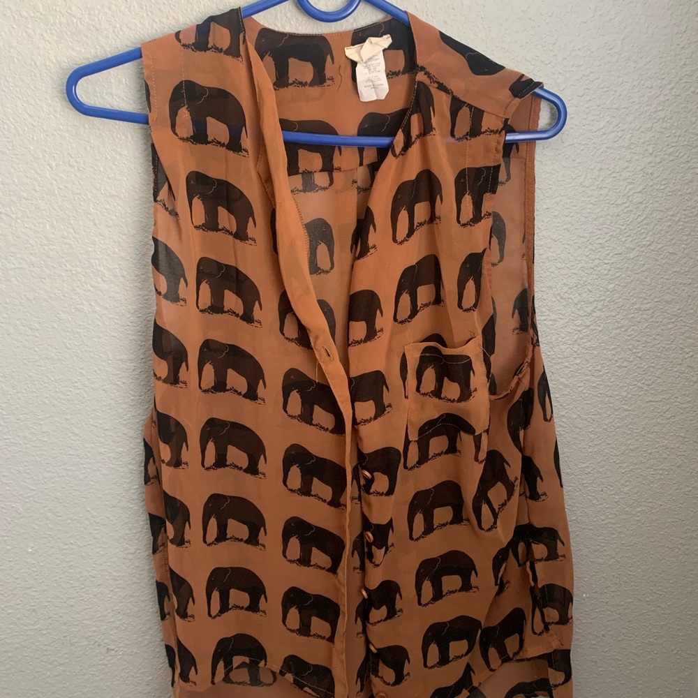 Brown sheer elephant button down sleeveless top